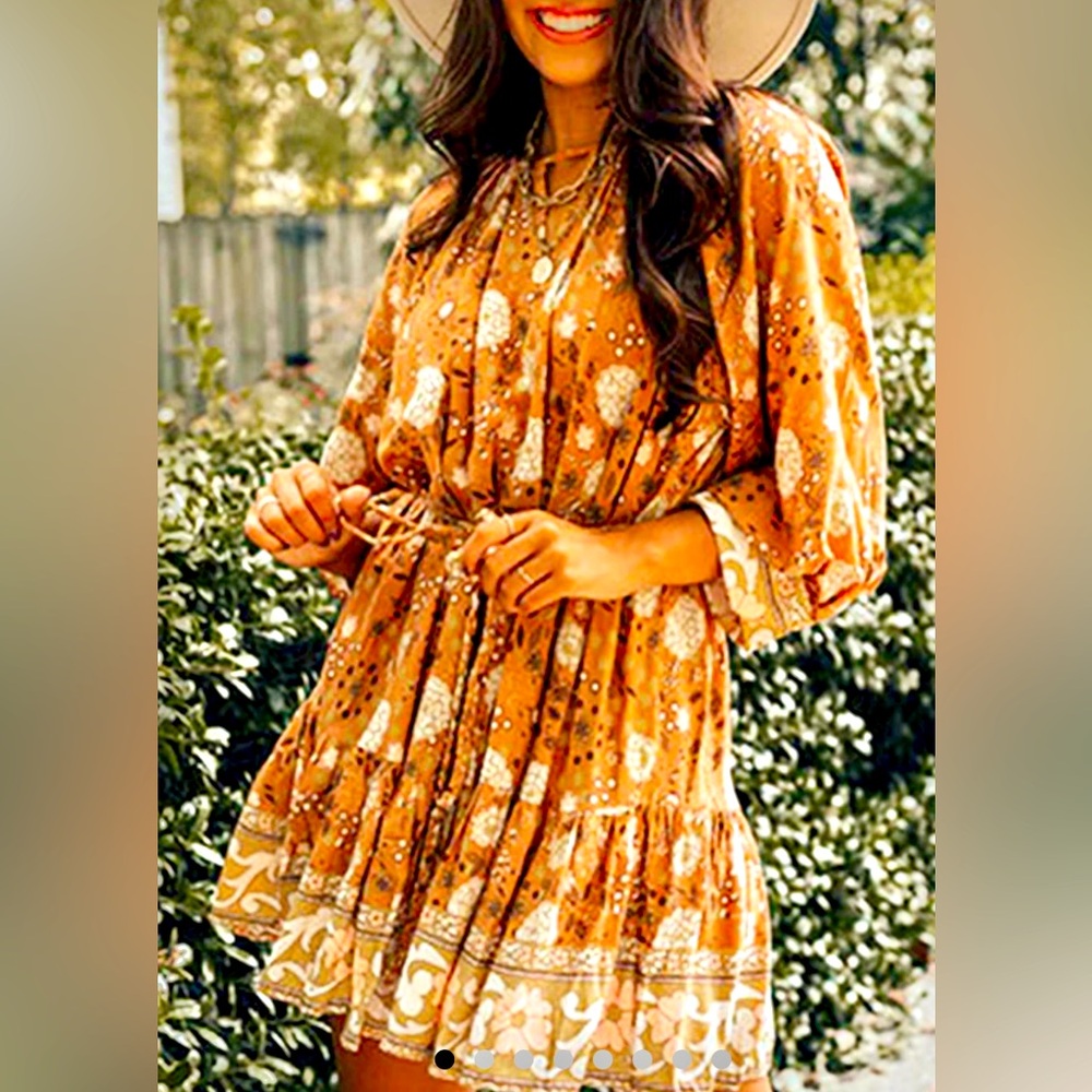 Camel 3/4 Sleeve Tie Waist Pleated Short Boho Floral Dress